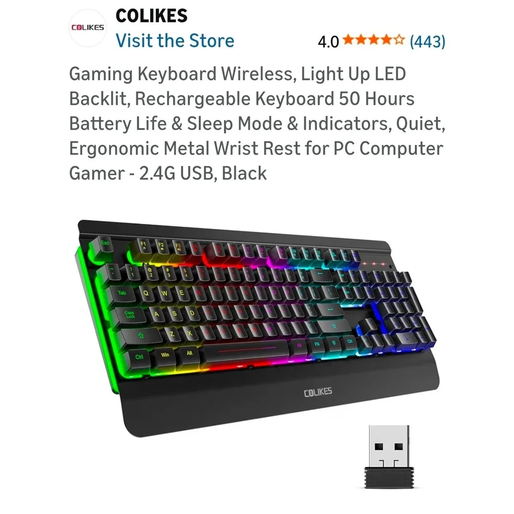 Colikes CL315 Wireless Gaming Keyboard RGB Backlit Rechargeable 2.4G USB Black